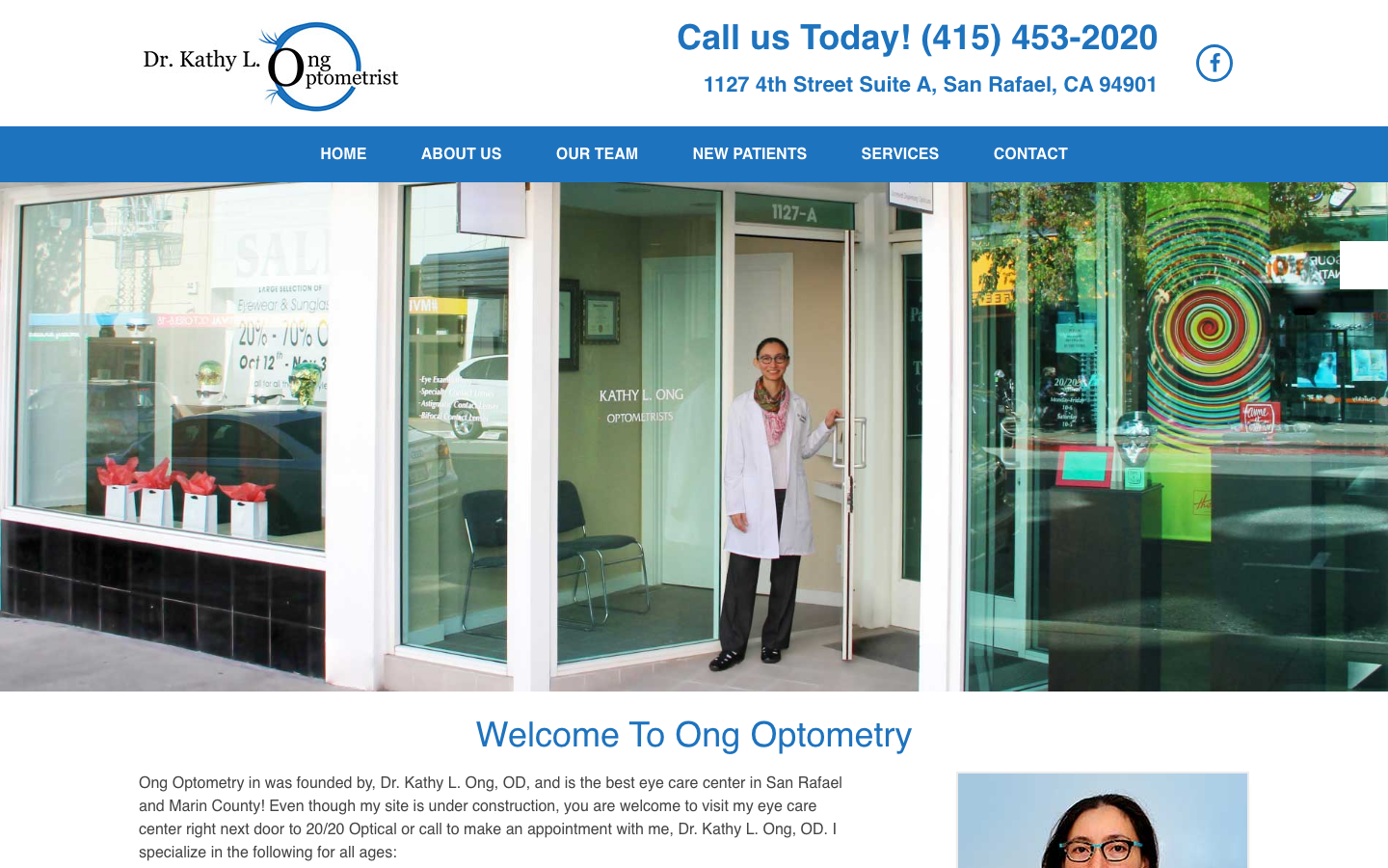 Ong Optometry homepage as it appears today, showing the storefront hero photo and welcome text